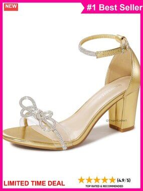Rhinestone Bow Block Heel Sandals 3-Inch Wedding Heeled Sandals
